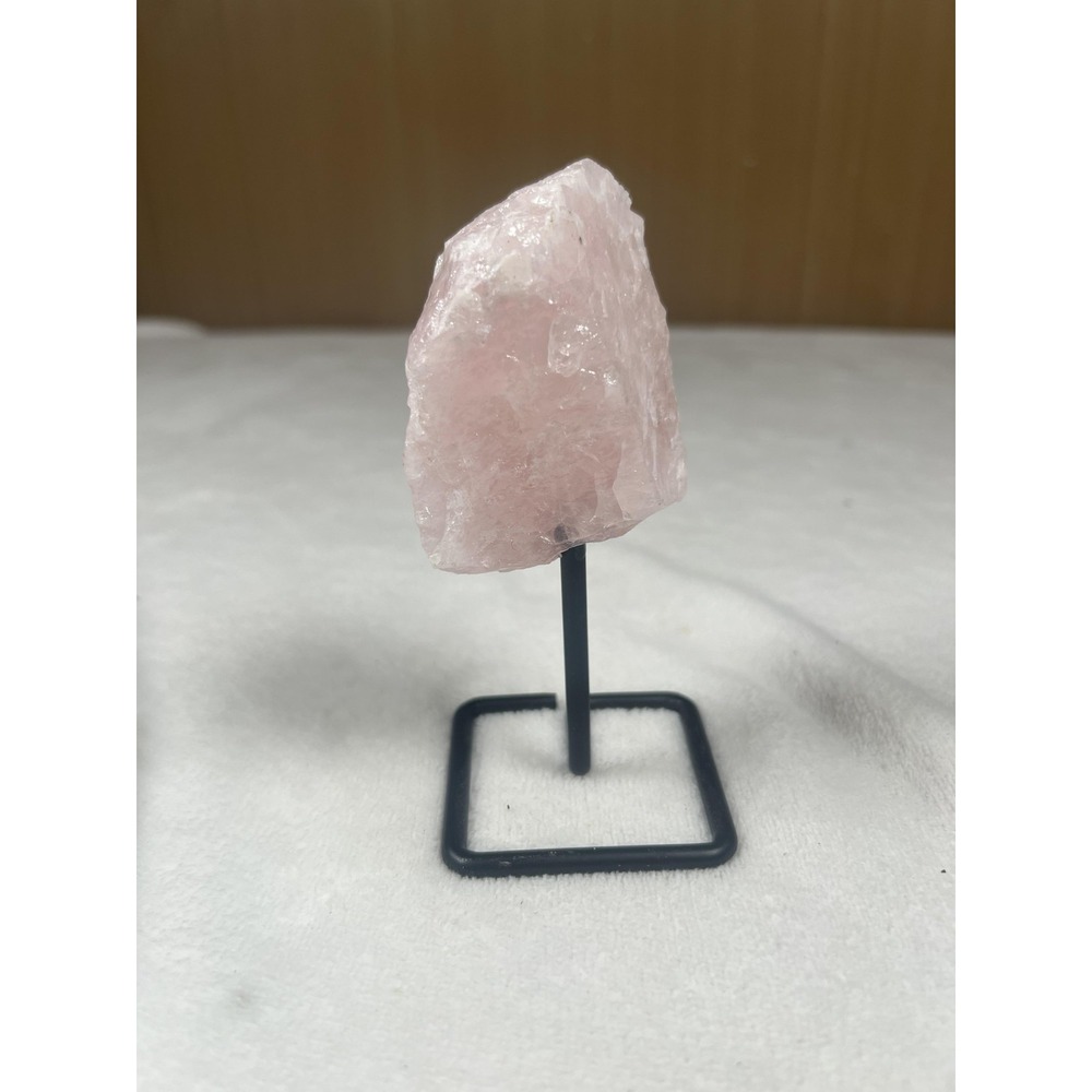 Rose Quartz Crystal On Metal Stand Pink Rough Stone Sculpture Mineral Decor Home